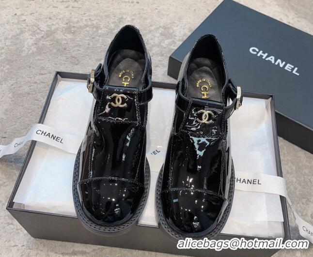 Durable Chanel Patent Calfskin Loafers with Buckle Black 011019