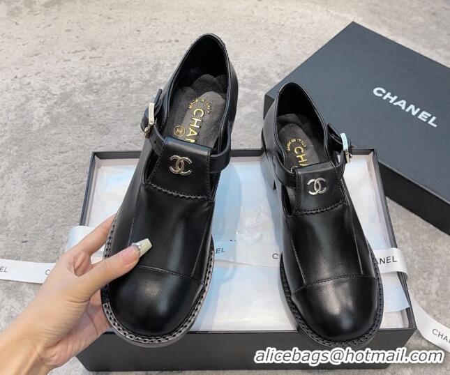 Sophisticated Chanel Calfskin Leather Loafers wth Buckle Black 011021