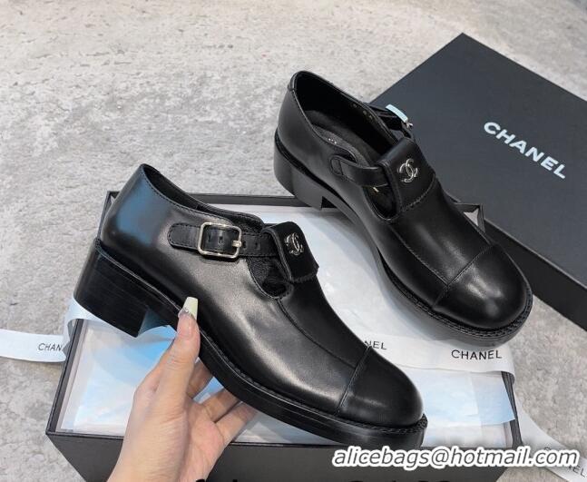 Sophisticated Chanel Calfskin Leather Loafers wth Buckle Black 011021