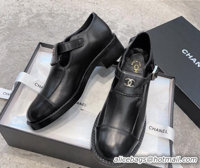 Sophisticated Chanel Calfskin Leather Loafers wth Buckle Black 011021