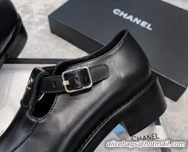 Sophisticated Chanel Calfskin Leather Loafers wth Buckle Black 011021