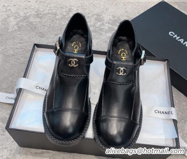 Sophisticated Chanel Calfskin Leather Loafers wth Buckle Black 011021