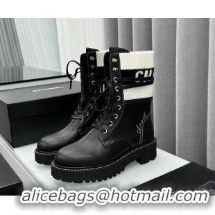 Shop Duplicate Chanel Knit & Calfskin Lace-up Ankle Boots Black/White 011022