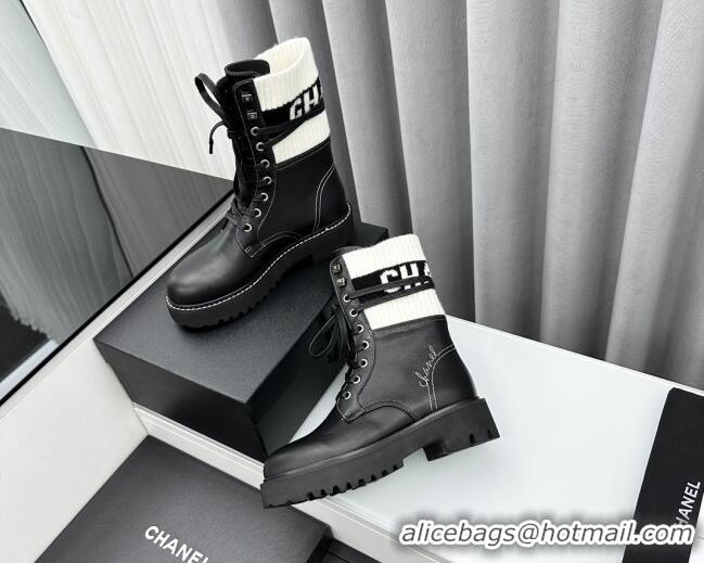 Shop Duplicate Chanel Knit & Calfskin Lace-up Ankle Boots Black/White 011022