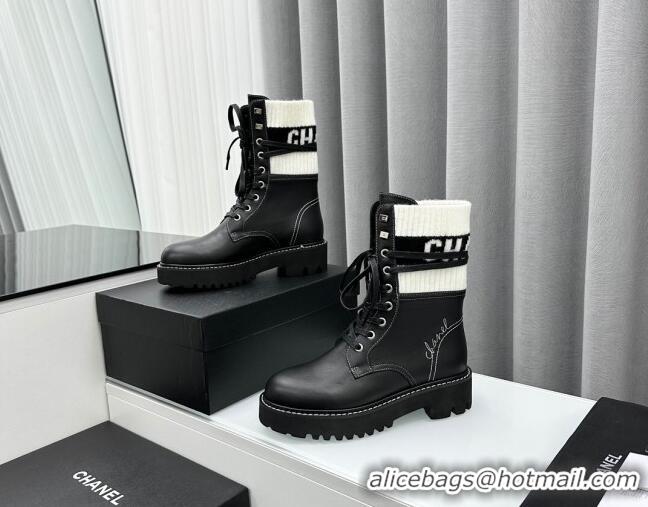 Shop Duplicate Chanel Knit & Calfskin Lace-up Ankle Boots Black/White 011022