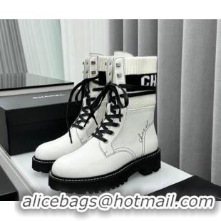 Top Design Chanel Knit & Calfskin Lace-up Ankle Boots White 011023