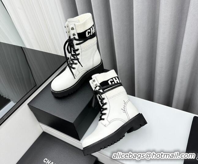 Top Design Chanel Knit & Calfskin Lace-up Ankle Boots White 011023