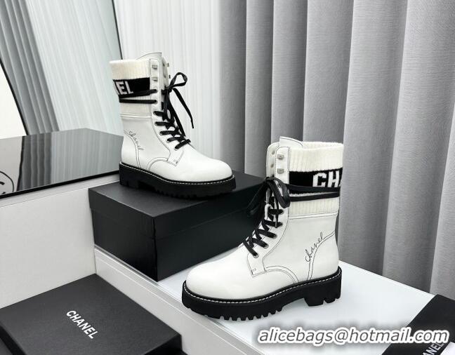 Top Design Chanel Knit & Calfskin Lace-up Ankle Boots White 011023