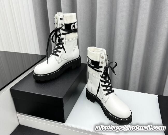 Top Design Chanel Knit & Calfskin Lace-up Ankle Boots White 011023