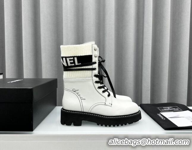 Top Design Chanel Knit & Calfskin Lace-up Ankle Boots White 011023