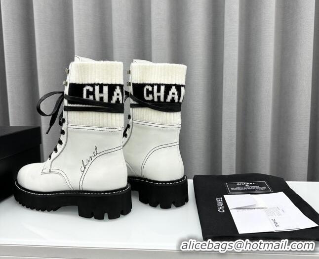 Top Design Chanel Knit & Calfskin Lace-up Ankle Boots White 011023