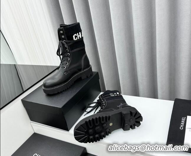 Sumptuous Chanel Knit & Calfskin Lace-up Ankle Boots Black 011024