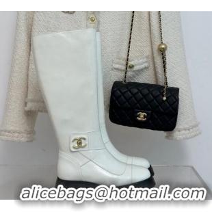 Top Design Chanel Calfskin High Boots with CC Strap White 011025