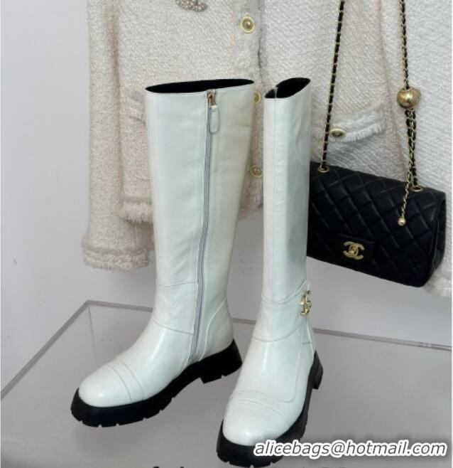 Top Design Chanel Calfskin High Boots with CC Strap White 011025