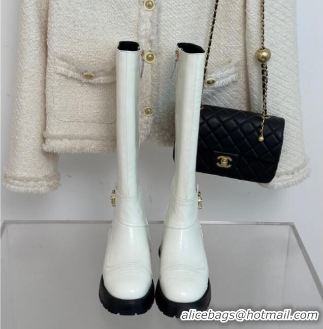 Top Design Chanel Calfskin High Boots with CC Strap White 011025