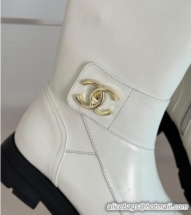 Top Design Chanel Calfskin High Boots with CC Strap White 011025