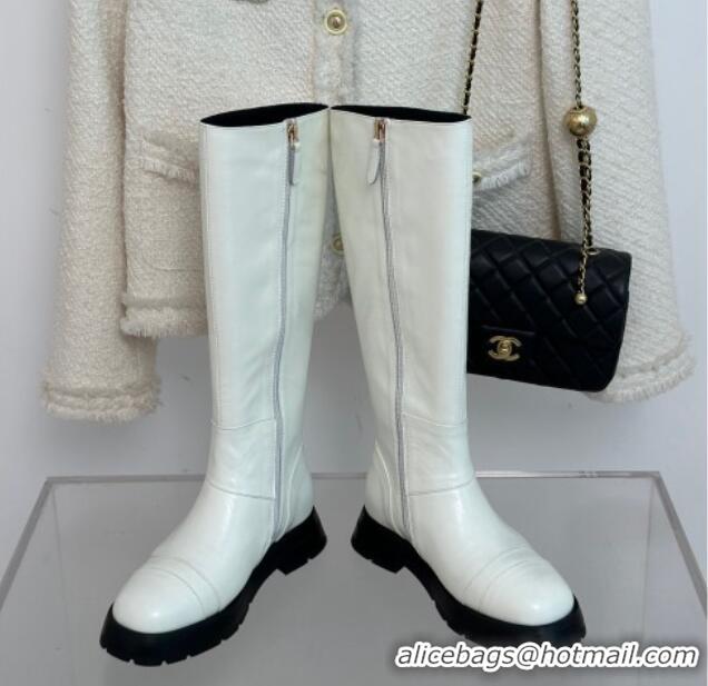 Top Design Chanel Calfskin High Boots with CC Strap White 011025