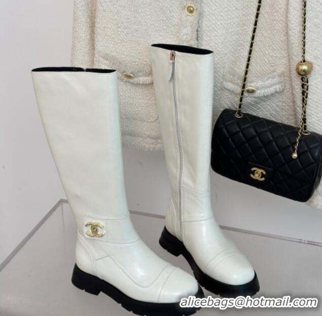 Top Design Chanel Calfskin High Boots with CC Strap White 011025