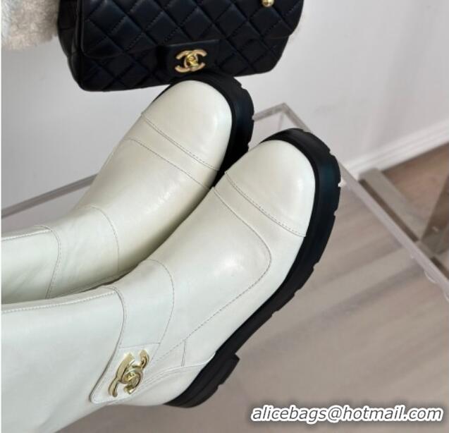 Top Design Chanel Calfskin High Boots with CC Strap White 011025