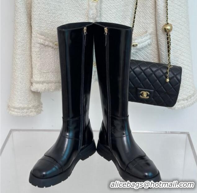 Stylish Chanel Calfskin High Boots with CC Strap Black 011026