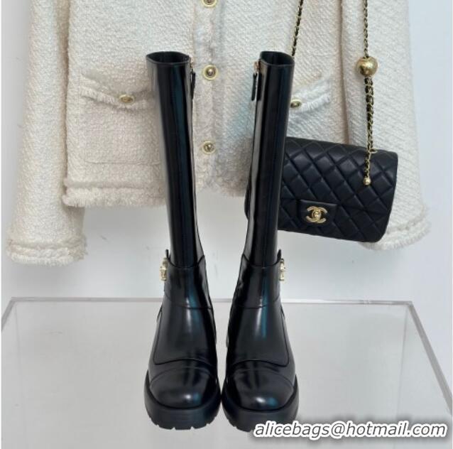 Stylish Chanel Calfskin High Boots with CC Strap Black 011026