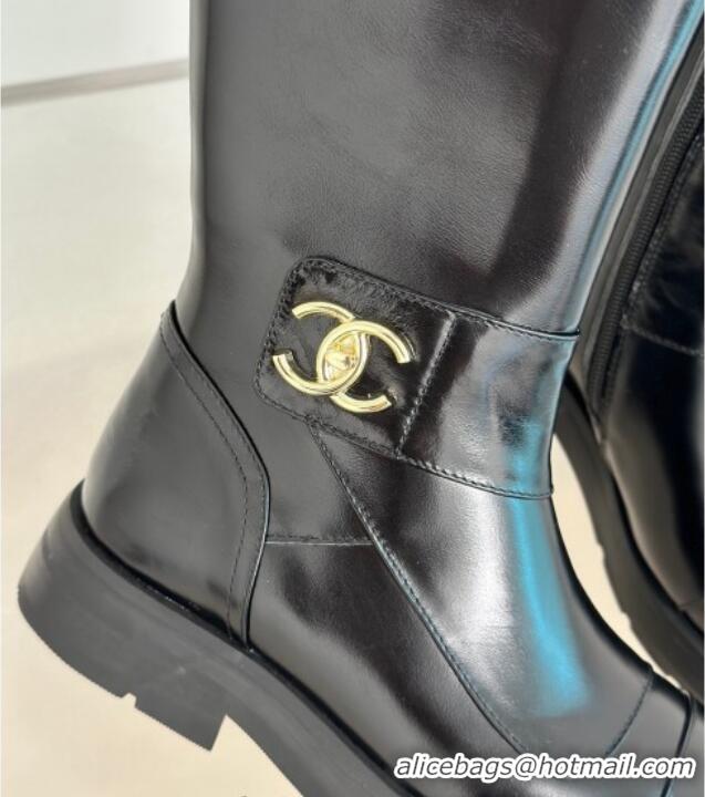 Stylish Chanel Calfskin High Boots with CC Strap Black 011026