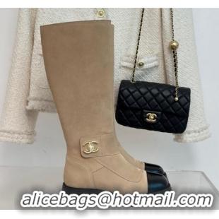 Charming Chanel Suede High Boots with CC Strap Beige 011027