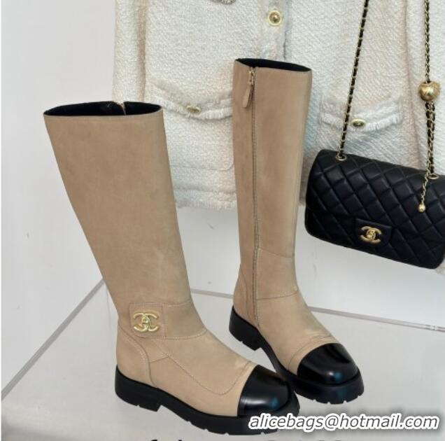 Charming Chanel Suede High Boots with CC Strap Beige 011027