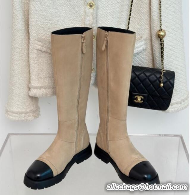 Charming Chanel Suede High Boots with CC Strap Beige 011027