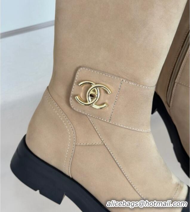 Charming Chanel Suede High Boots with CC Strap Beige 011027