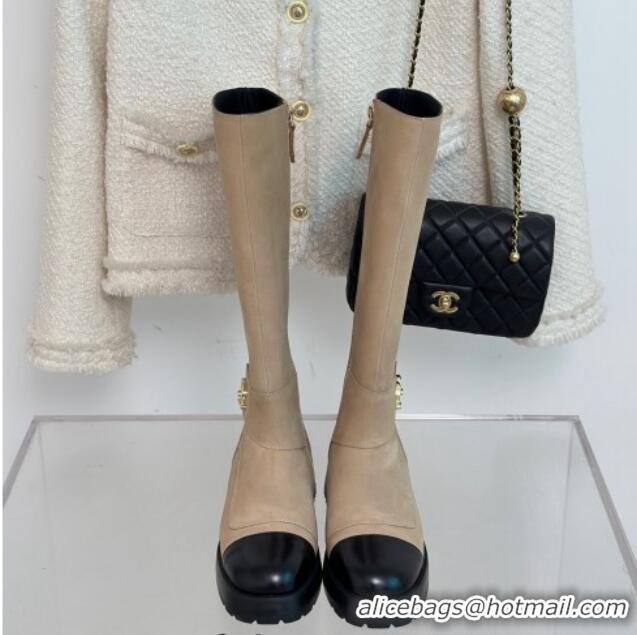 Charming Chanel Suede High Boots with CC Strap Beige 011027