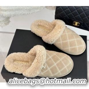 Popular Style Chanel Quilted Suede and Shearling Flat Mules Beige 011029