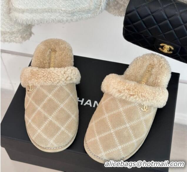 Popular Style Chanel Quilted Suede and Shearling Flat Mules Beige 011029