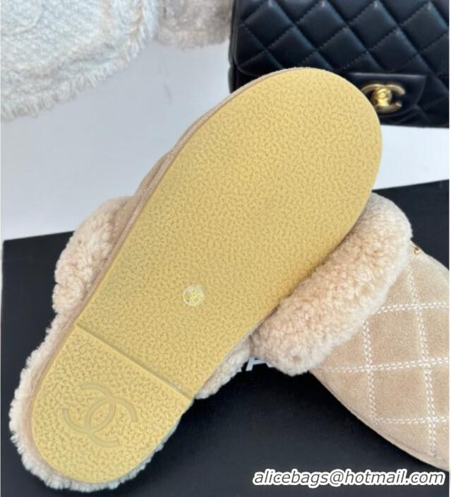 Popular Style Chanel Quilted Suede and Shearling Flat Mules Beige 011029