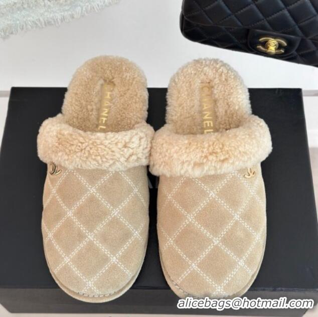 Popular Style Chanel Quilted Suede and Shearling Flat Mules Beige 011029