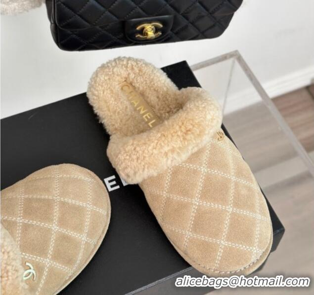 Popular Style Chanel Quilted Suede and Shearling Flat Mules Beige 011029