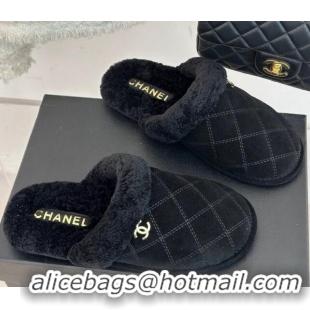 Lower Price Chanel Quilted Suede and Shearling Flat Mules Black 1011030