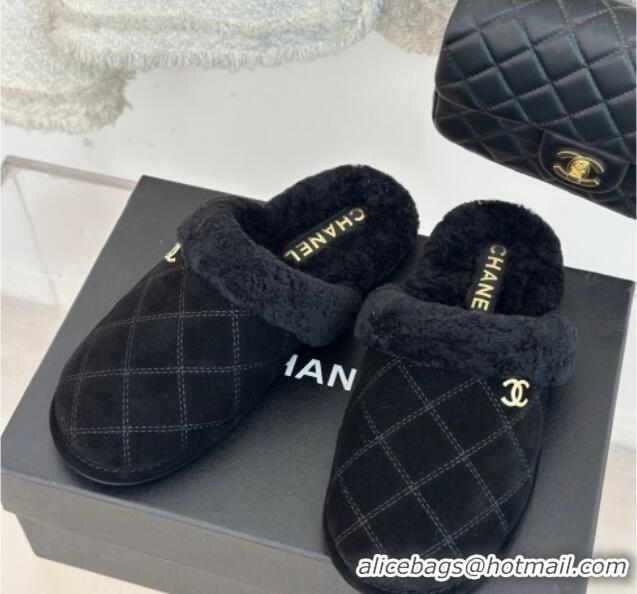 Lower Price Chanel Quilted Suede and Shearling Flat Mules Black 1011030