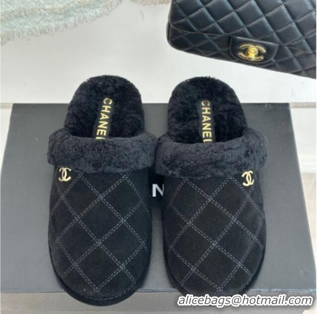 Lower Price Chanel Quilted Suede and Shearling Flat Mules Black 1011030