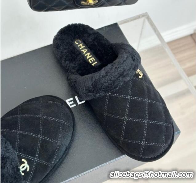 Lower Price Chanel Quilted Suede and Shearling Flat Mules Black 1011030