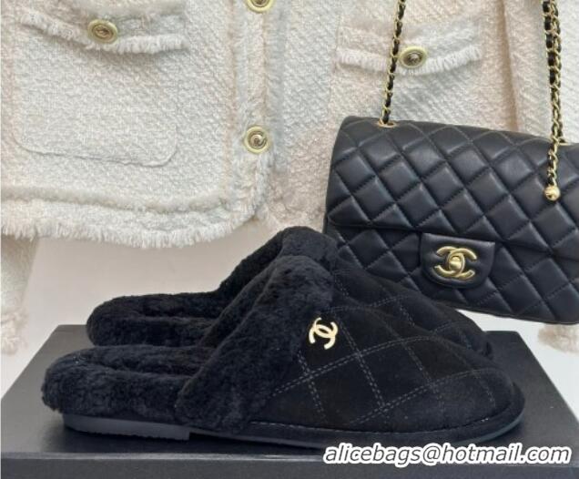 Lower Price Chanel Quilted Suede and Shearling Flat Mules Black 1011030