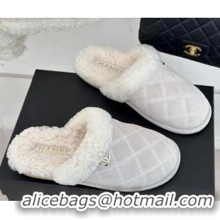 Duplicate Chanel Quilted Suede and Shearling Flat Mules White 011031