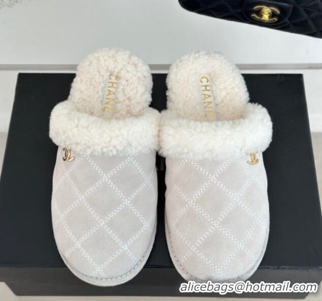 Duplicate Chanel Quilted Suede and Shearling Flat Mules White 011031