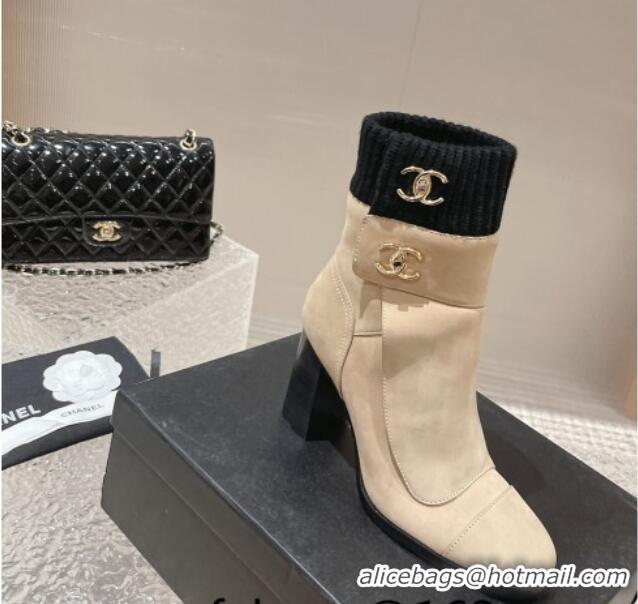 Cheap Price Chanel Suede and Knit Heel Ankle Boots Beige 011032