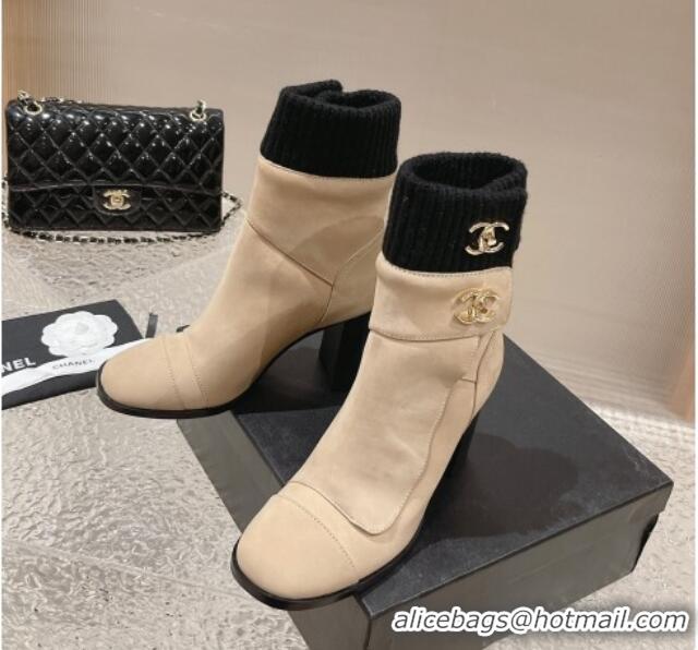 Cheap Price Chanel Suede and Knit Heel Ankle Boots Beige 011032