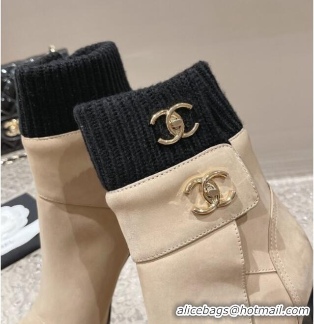 Cheap Price Chanel Suede and Knit Heel Ankle Boots Beige 011032