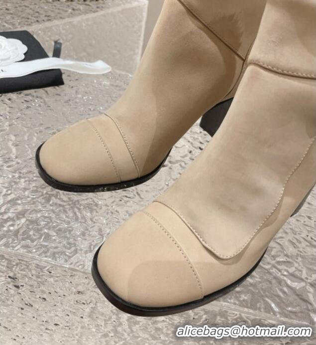 Cheap Price Chanel Suede and Knit Heel Ankle Boots Beige 011032