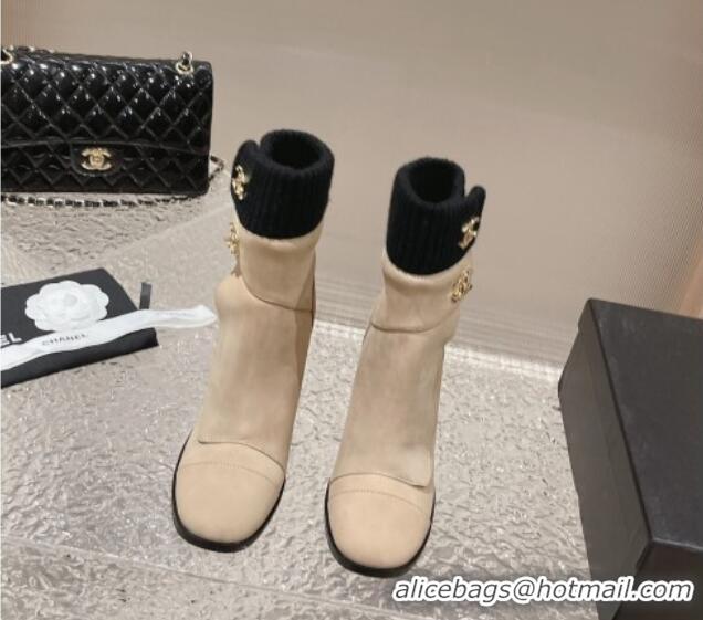 Cheap Price Chanel Suede and Knit Heel Ankle Boots Beige 011032