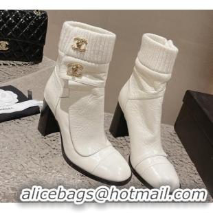 Shop Duplicate Chanel Calfskin and Knit Heel Ankle Boots White 011033