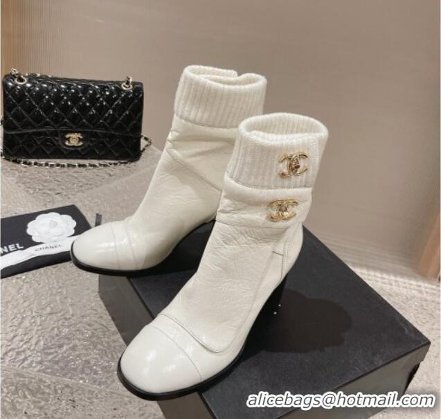 Shop Duplicate Chanel Calfskin and Knit Heel Ankle Boots White 011033